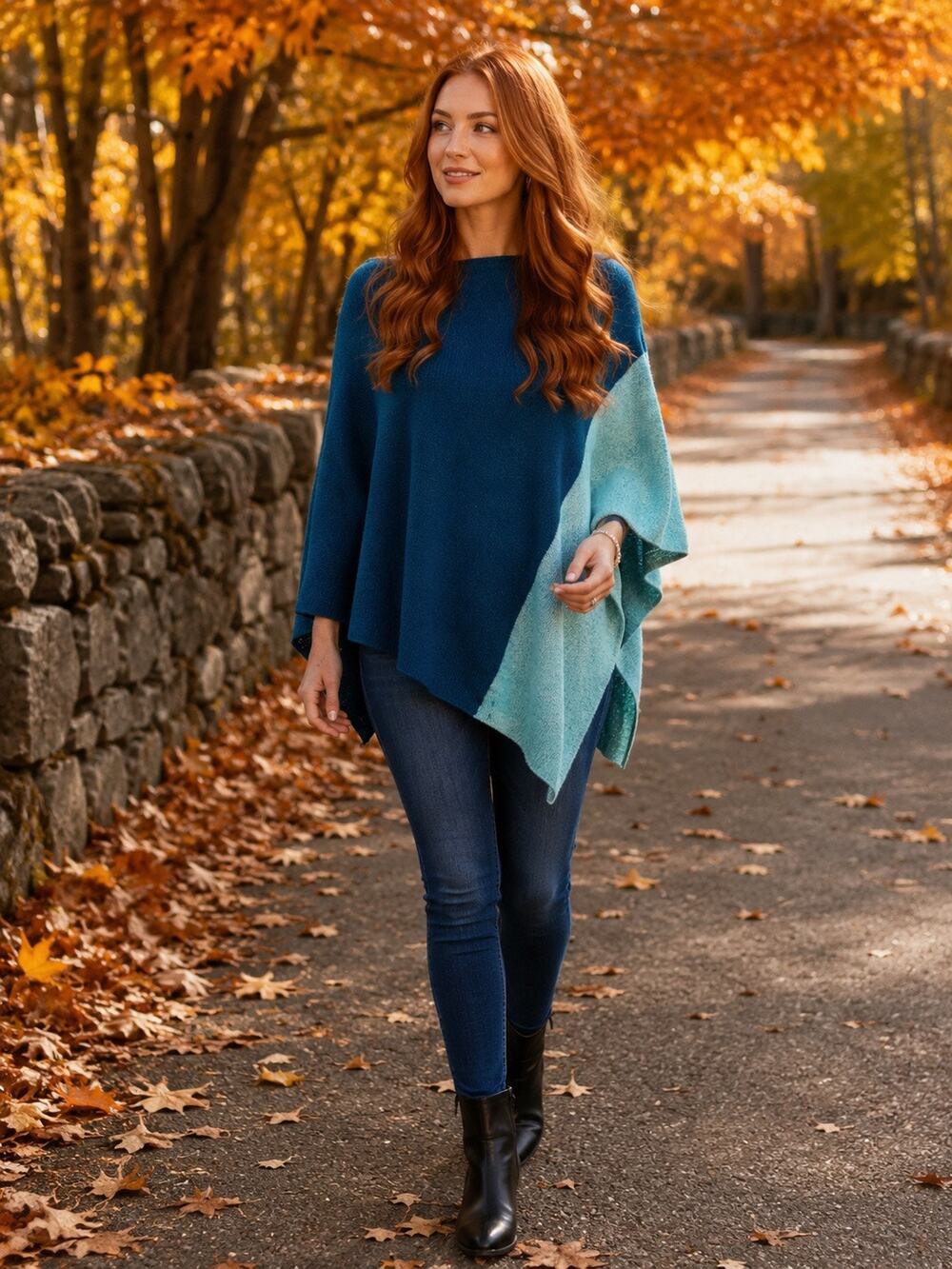 Forte Women's Colorblocked Asymetrical 100% Cashmere Poncho Aqua One Size